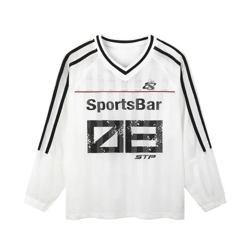 Women'S Fashion Rugby Shirt - Mesh Stripe V-neck Rugby Jersey Long