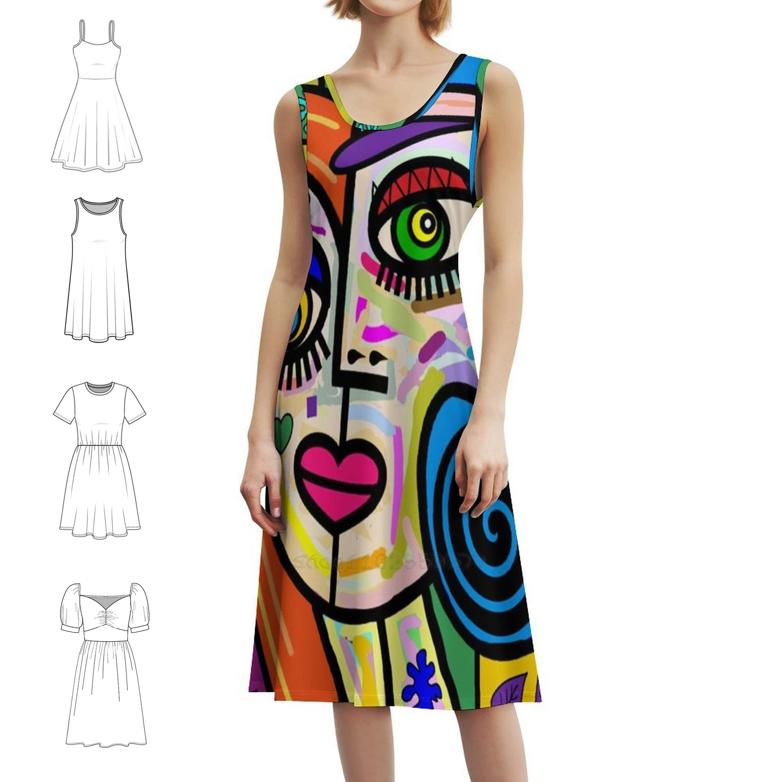 Smocked Dress Women - Funky Ladies Abstract Face No 2
